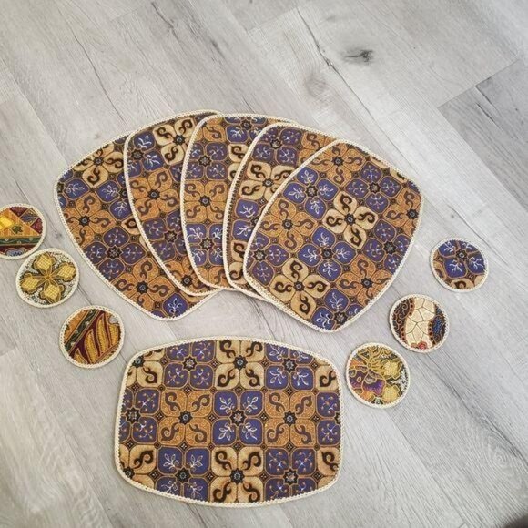 Handwoven Batik Table Mats & Coasters Set Of 12 - Natural & Multicolor Design - Picture 3 of 8